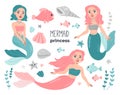 Cute pretty mermaids collection with sea plants